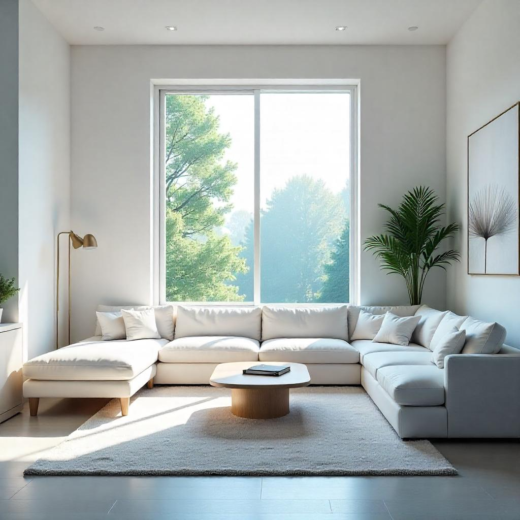 Bright modern living room with white sectional sofa and large window