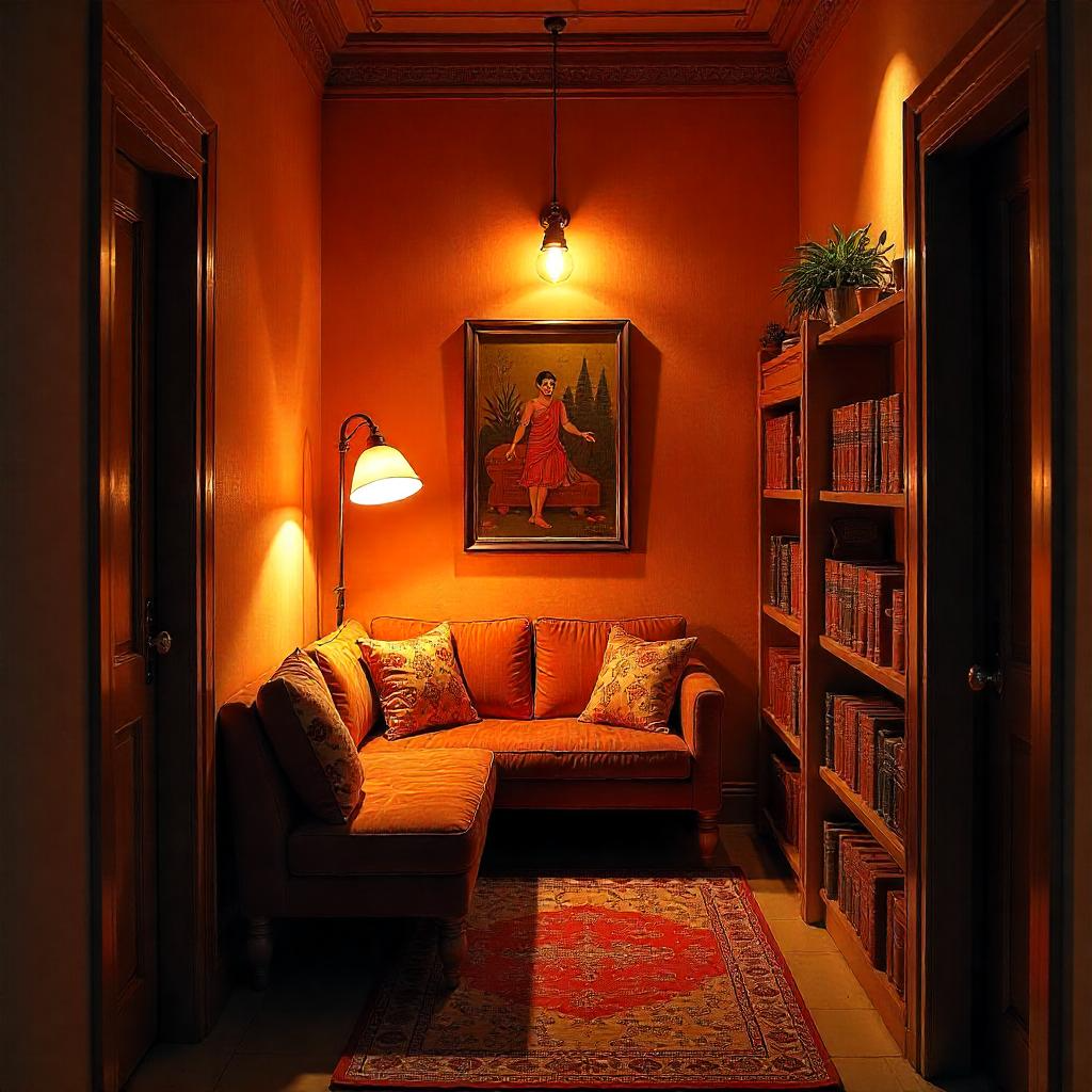 Cozy reading nook with warm lighting, a sofa, bookshelves, and a vintage painting.