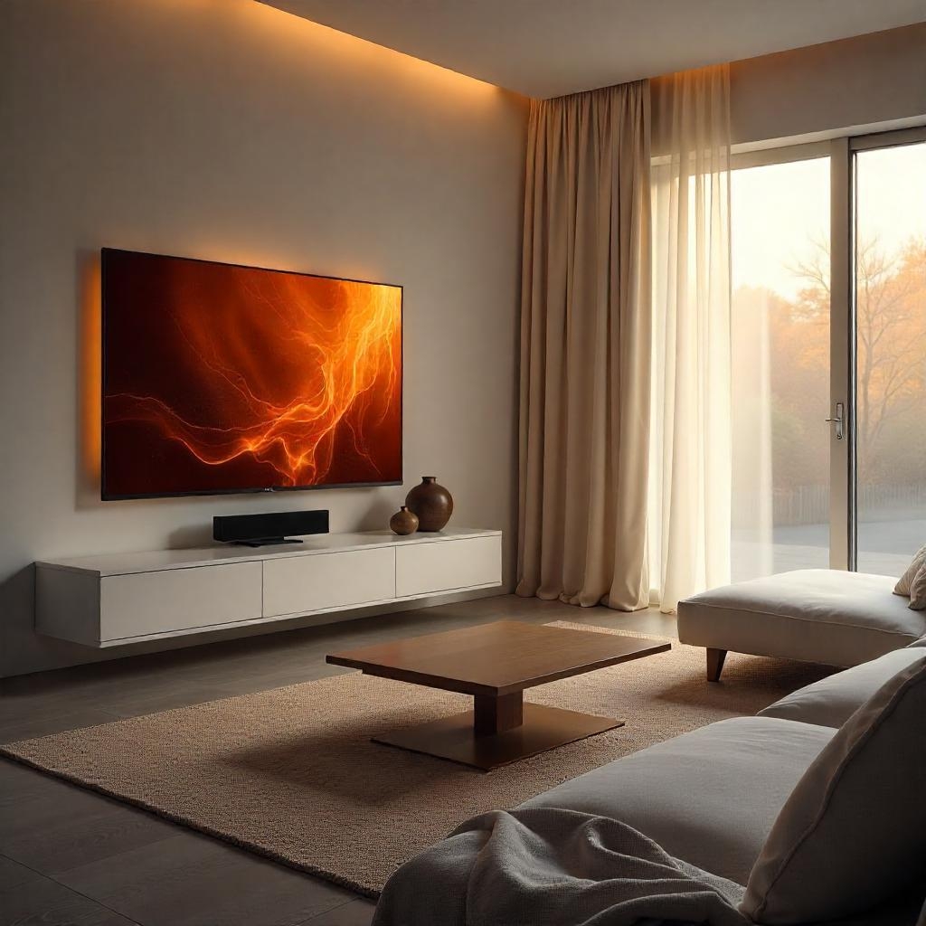 Modern living room with warm lighting, a wall-mounted TV, low table, and large window.