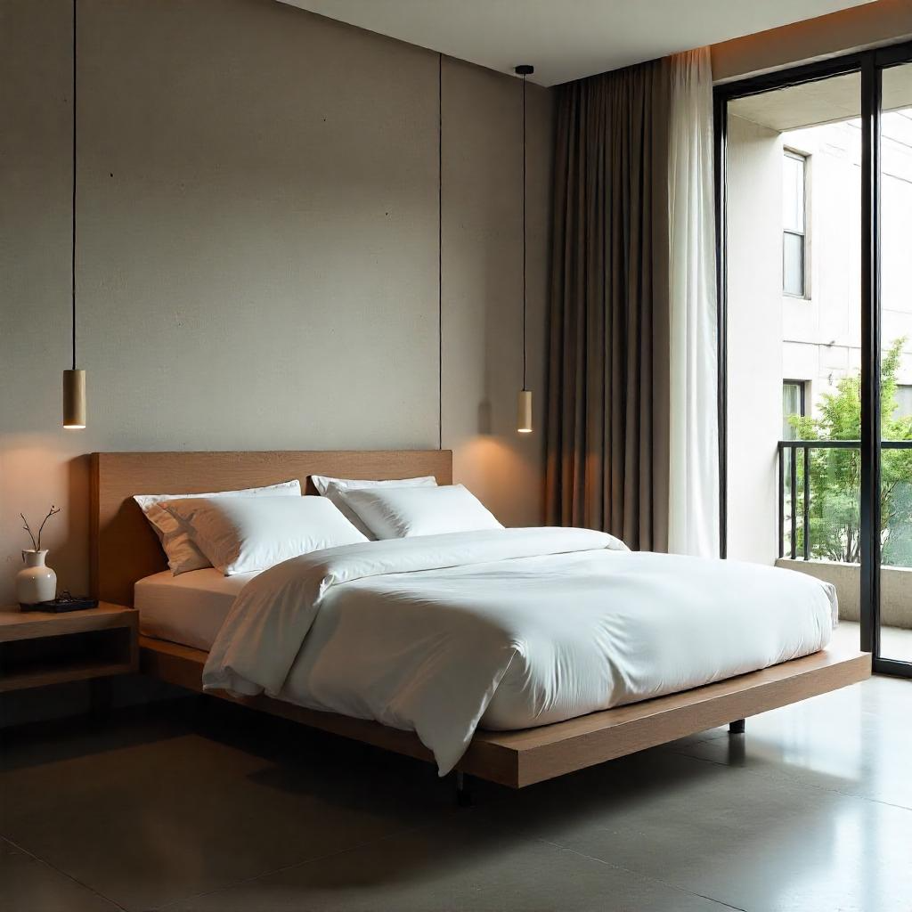 Minimalist bedroom with a low wooden bed, soft lighting, and large window.