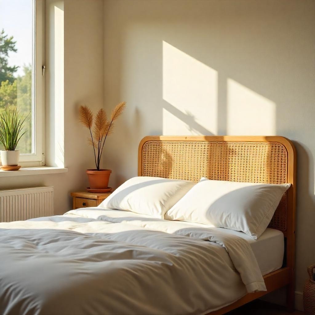 Bright bedroom with a wicker headboard, white bedding, and potted plants by the window.