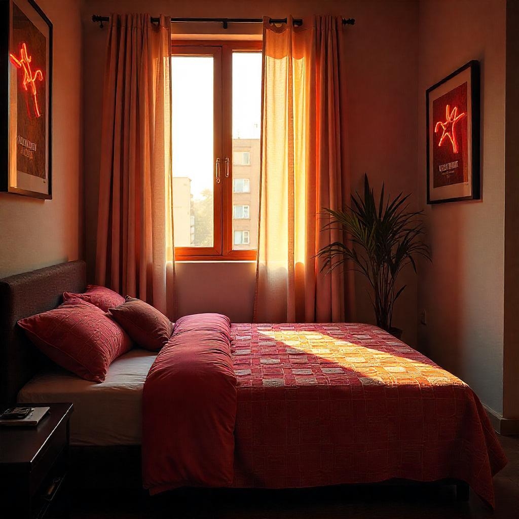 Warm-toned bedroom with red bedding, sheer curtains, and soft sunlight filtering through the window.