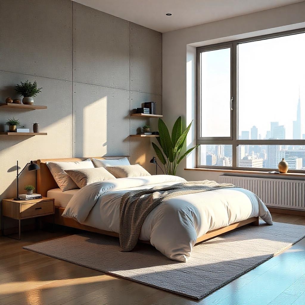Modern bedroom with a city view, minimalist decor, light wood furnishings, and soft natural lighting.