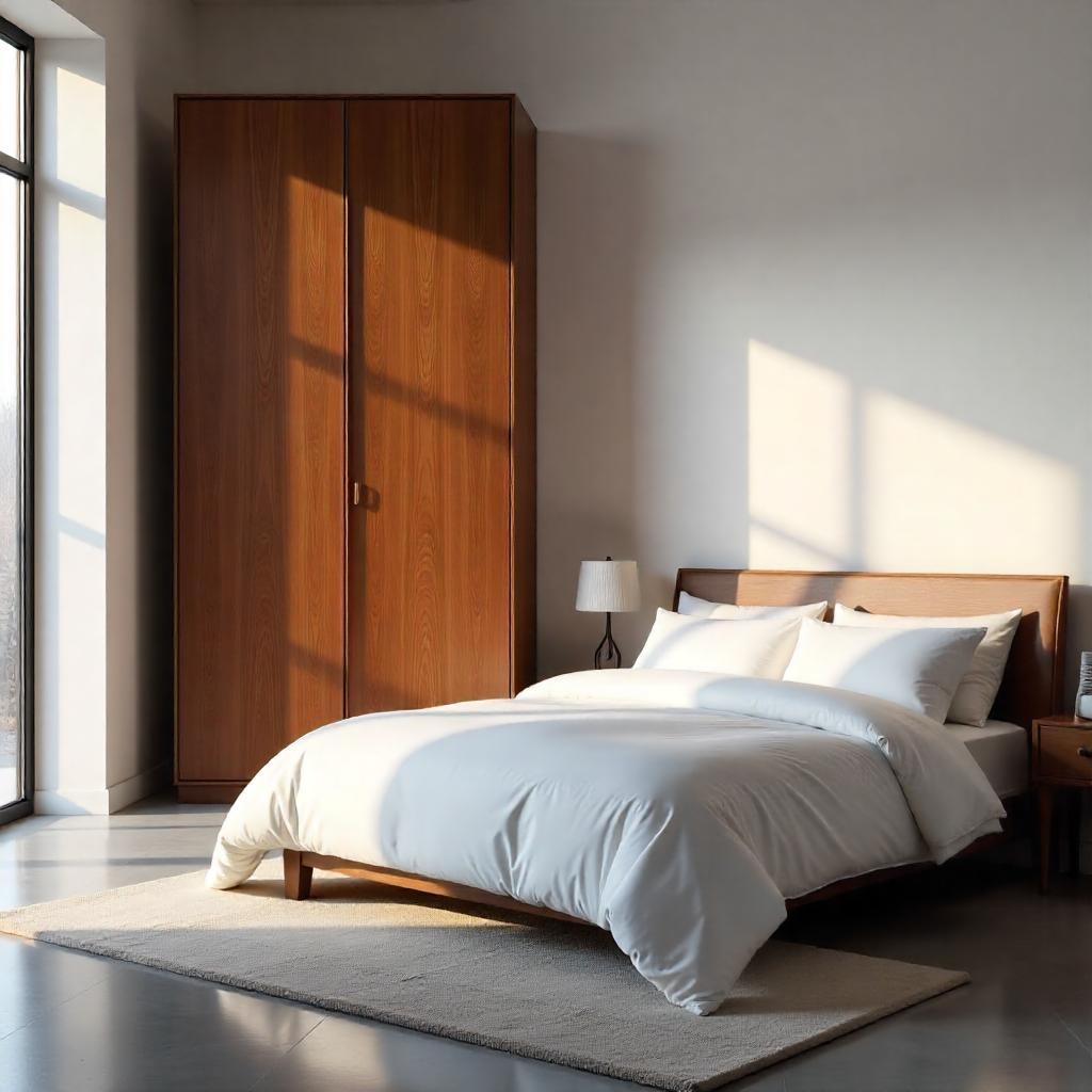 Minimalist bedroom with clean lines, natural light, white bedding, and warm wooden furniture.