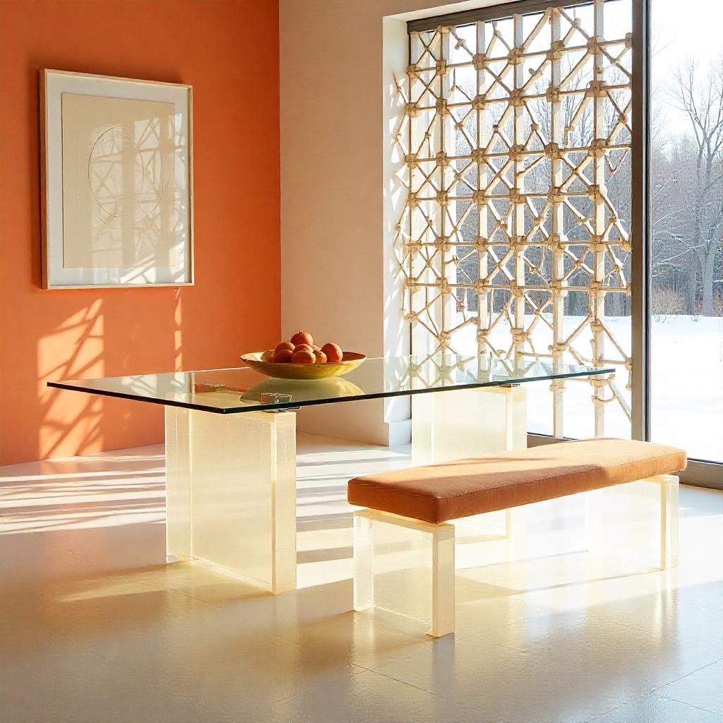 Minimalist dining space with warm tones, glass table, and orange accents, bathed in natural light.