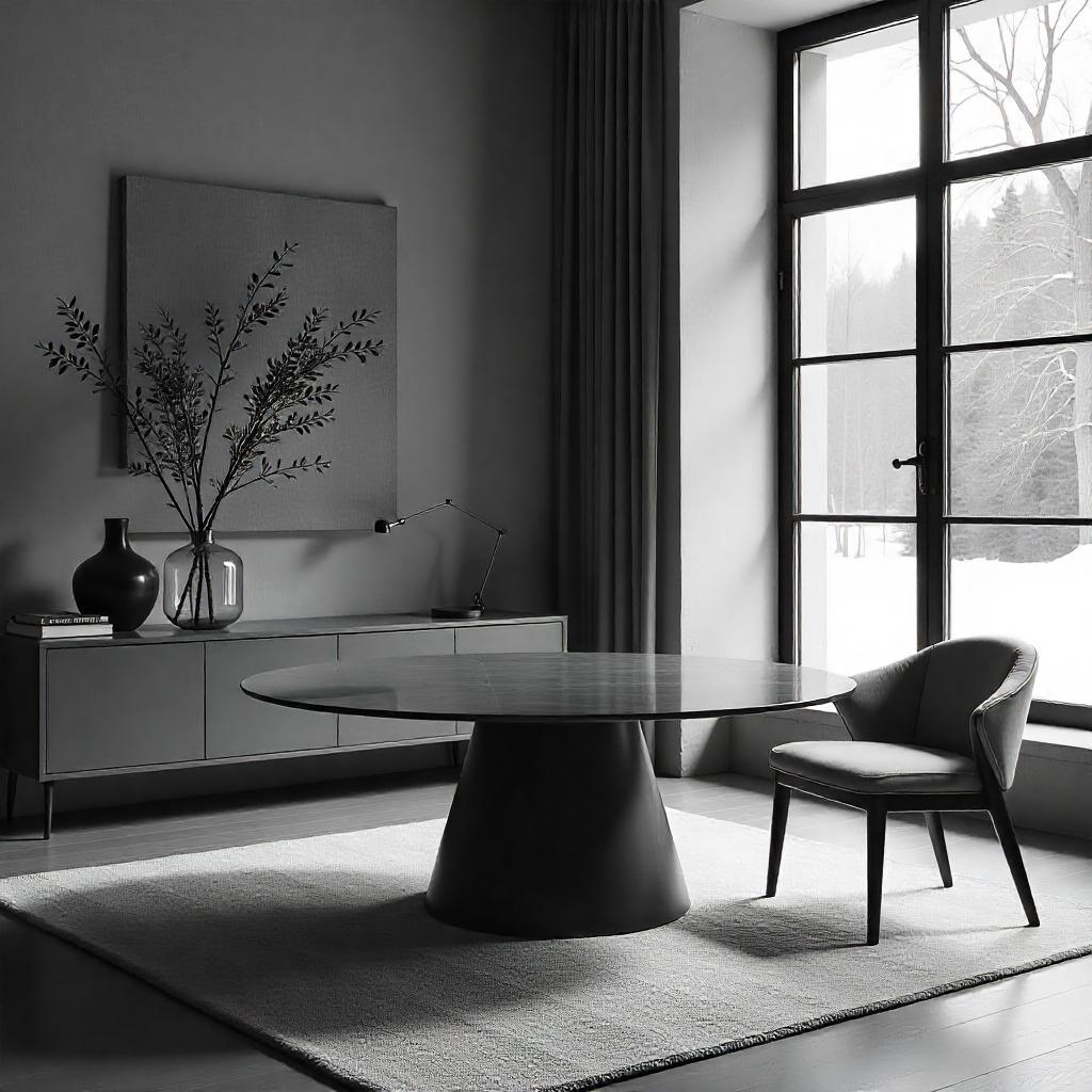 Minimalist dining space with warm tones, glass table, and orange accents, bathed in natural light.