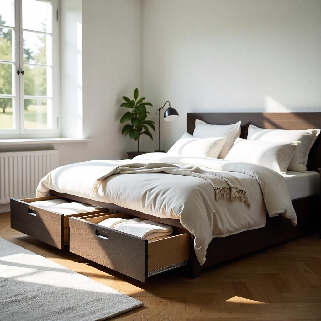 Cozy bedroom with storage bed drawers and natural light from window