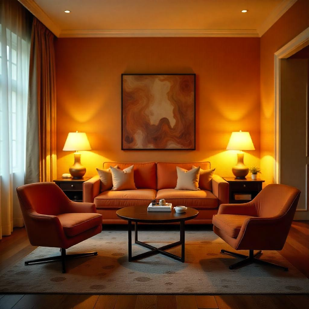 Warm-toned living room with orange furniture and soft ambient lighting