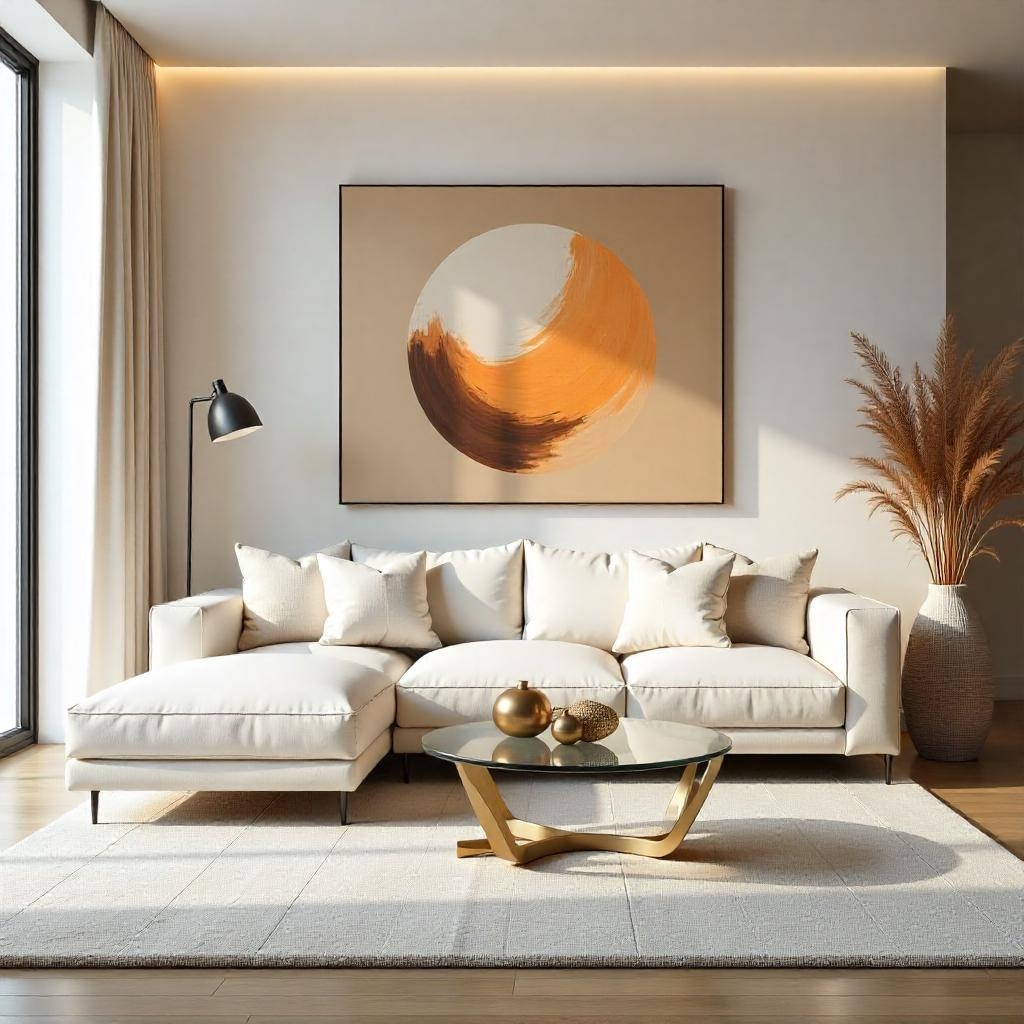 Modern living room with white sectional sofa and abstract wall art