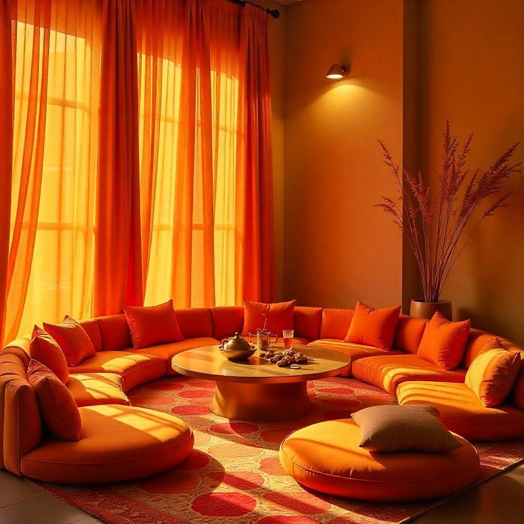 Cozy lounge with round orange seating and warm lighting