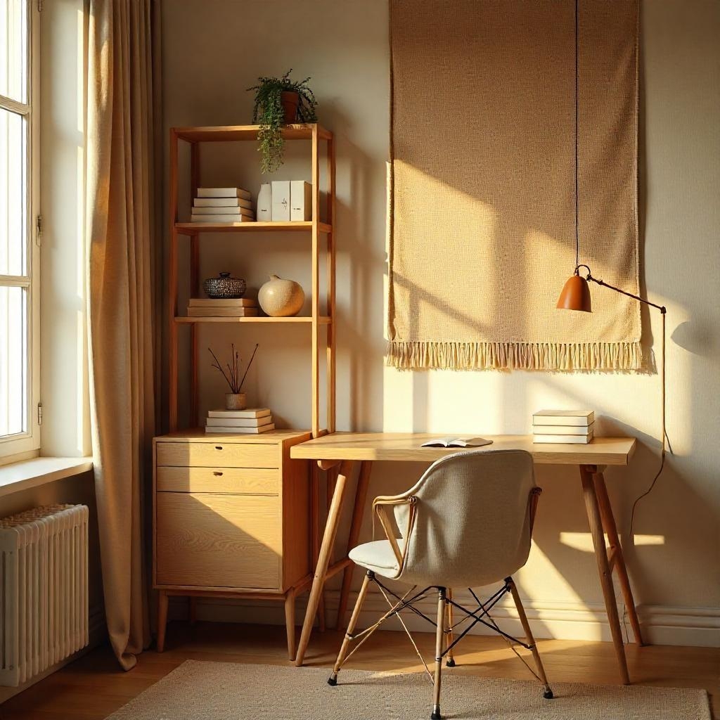 Minimalist wooden study nook with desk, chair, and warm lighting