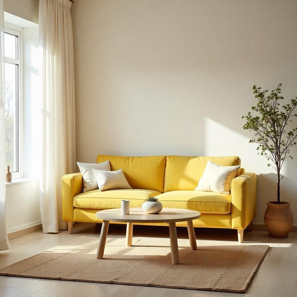 Bright living room with yellow sofa, wooden table, and natural light