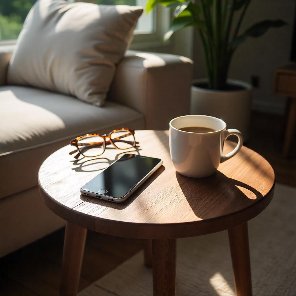 Wooden side table with coffee cup, smartphone, and glasses in cozy living room