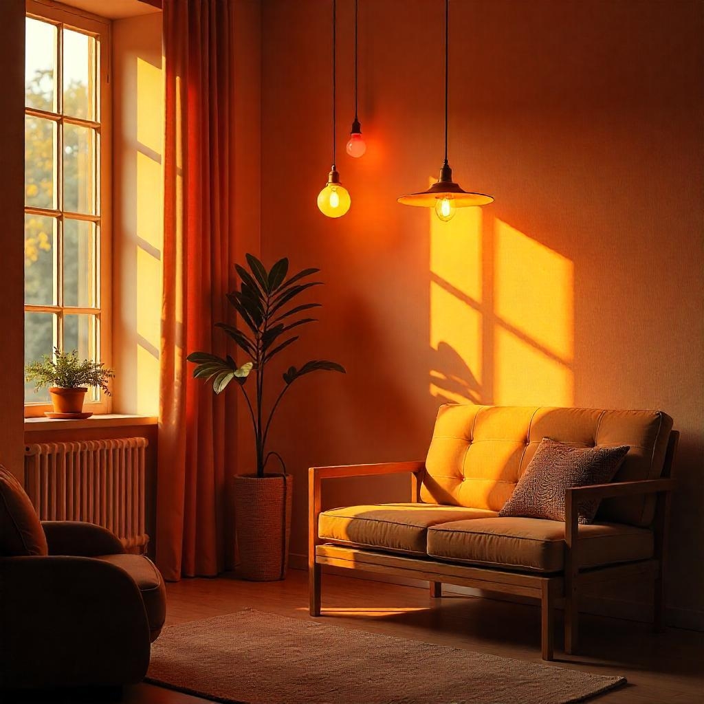 Cozy room with warm lighting, a sofa, plant, and large window.