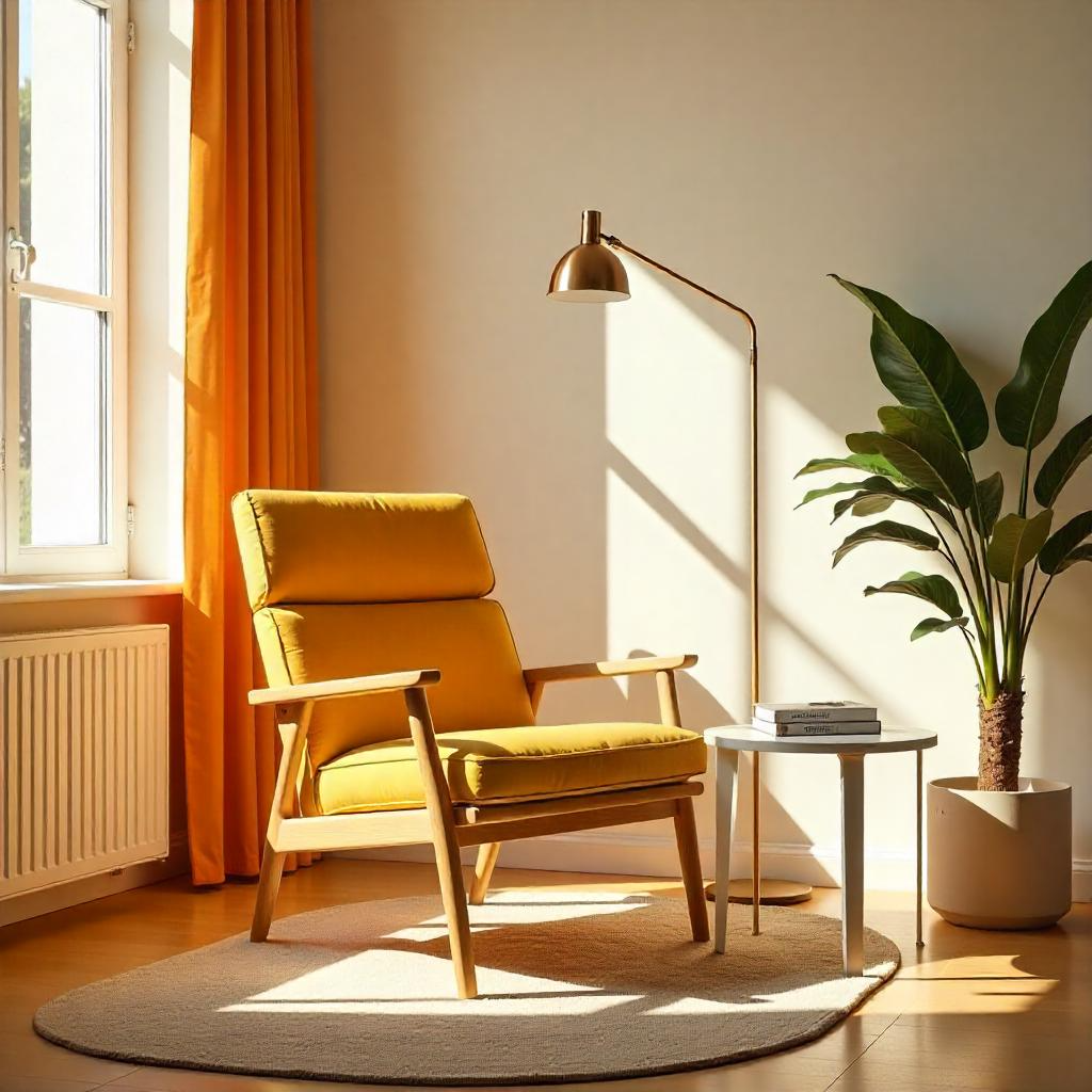 Sunlit reading corner with a mustard yellow chair, floor lamp, and potted plant.